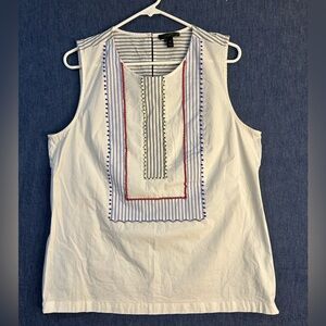 J. Crew White Sleeveless Embroidered Bib Tank with Blue and Red Accents